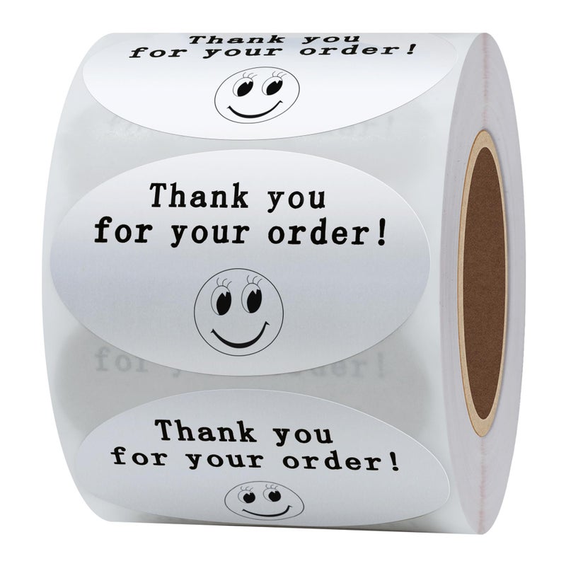 Hybsk 50mmx30mm Oval Silver Metallic Foil Thank You for Your Order Retail Mailing Stickers 500 Labels Per Roll (Silver) - Image 1